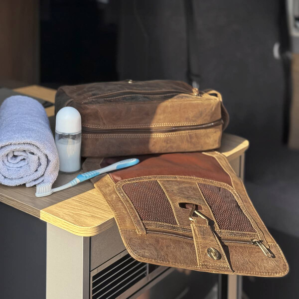 Hänge-Kulturtasche "Glen" Vintage Leder antikbraun