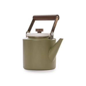 Emaille-Kanne Olive-Creme (3,2L) – Retro-Kaffee- & Teekanne mit Holzgriff