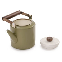 Emaille-Kanne Olive-Creme (3,2L) – Retro-Kaffee- & Teekanne mit Holzgriff
