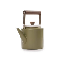 Emaille-Kanne Olive-Creme (3,2L) – Retro-Kaffee- & Teekanne mit Holzgriff